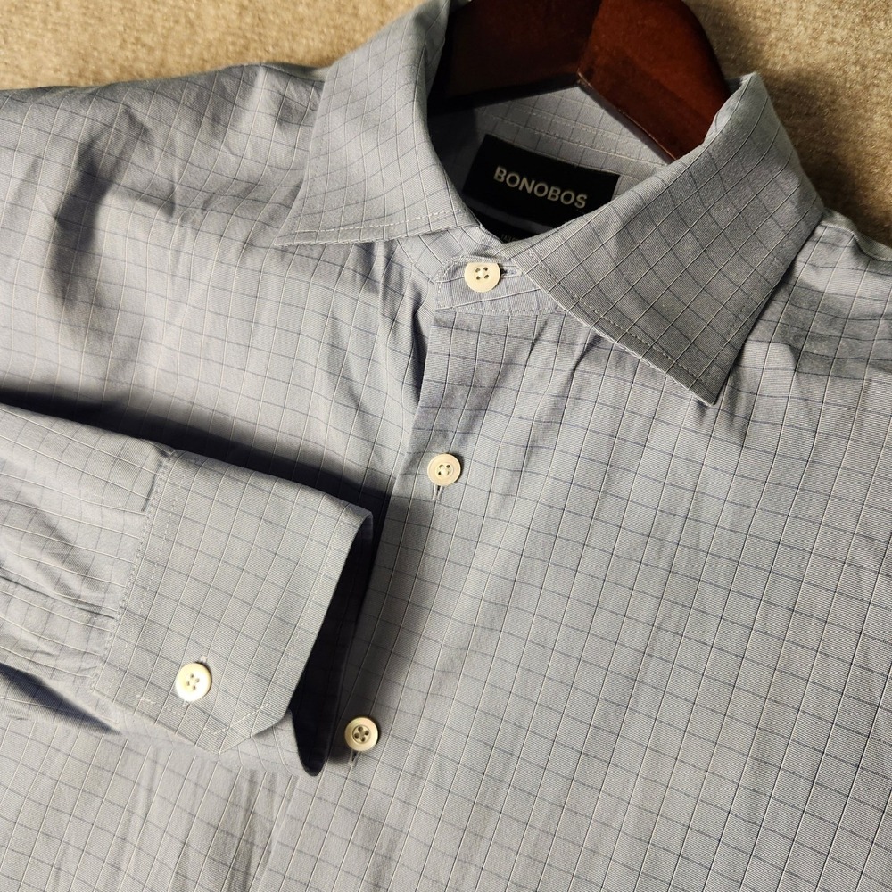 Bonobos Dress Shirt Mens 17 35 Blue Tailored Fit Micro Check Grid Long Sleeve